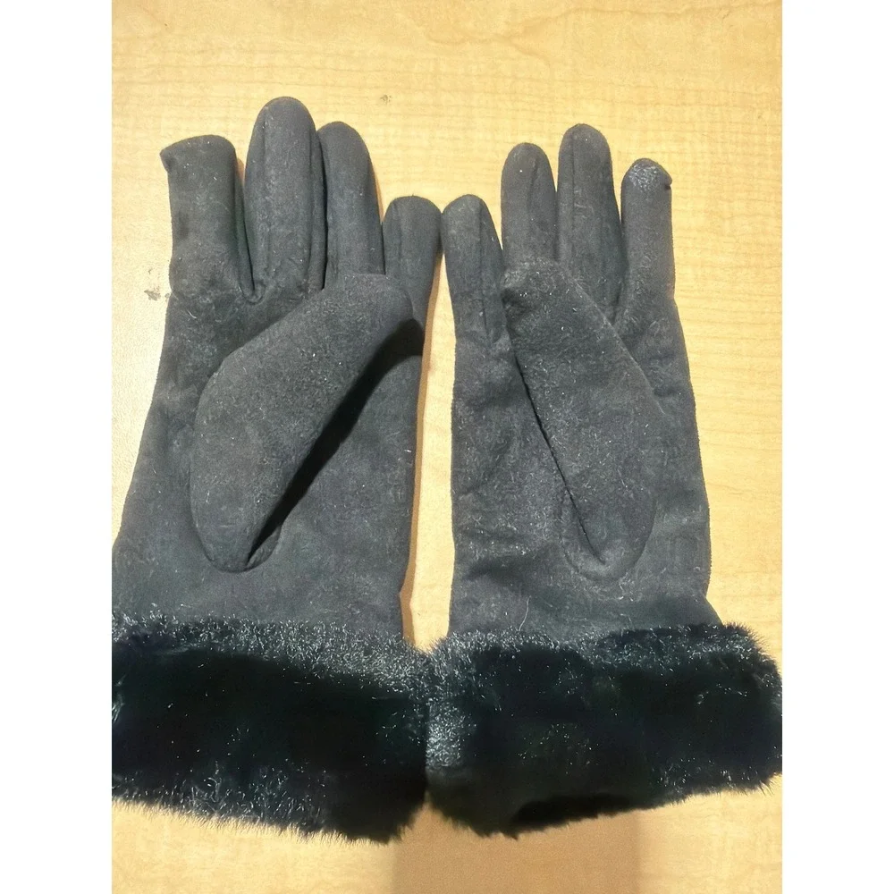 UGG Australia Womens Black Suede Gloves Faux Fur Trim Winter Accessories Logo